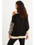 Kadın Camel-Siyah Tek Omuz Leopar Desen Bloklu Sweatshirt BK231066 5