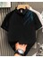 Unisex Yakası Düğmeli Oversize Baskılı T-Shirt - Siyah 1