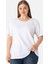 Kadın Beyaz Büyük Beden Bisiklet Yaka Pamuklu Likralı Esnek Kısa Kollu Tişört 1