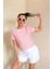 Kadın Pembe Beyaz Çizgili Basic T-Shirt 4