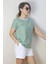 Kadın Yeşil Beyaz Çizgili Basic T-Shirt 2