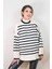Kadın Ekru Çizgili Oversize Triko Kazak 1
