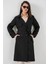 Kruvaze Yaka Siyah Kadın Trençkot 5918 4