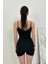 Kadın Siyah Mini Askılı Vücuda Oturan U Yaka Şortlu Tulum 7