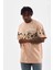 Unisex Bisiklet Yaka Baskılı Oversize T-Shirt - Bej 3