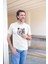 Erkek Bisiklet Yaka Baskılı Oversize T-Shirt - Beyaz 1