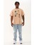 Unisex Oversize Baskılı Bisiklet Yaka T-Shirt - Bej 4