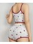 Pamuklu Beyaz Üstüne Kırmızı Gül Desen Fitilli Askılı Şortlu Pijama Takımı 2