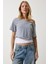 Kayık Yaka Basic Crop Örme T-Shirt LOW0037 Gri Melanj 1