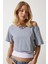 Kayık Yaka Basic Crop Örme T-Shirt LOW0037 Gri Melanj 4