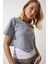 Kayık Yaka Basic Crop Örme T-Shirt LOW0037 Gri Melanj 5