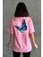 Kadın Büyük Kelebek Baskılı Bisiklet Yaka Oversize T-Shirt 2