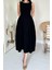 Siyah Yanları Büzgülü Midi Boy Keten Elbise 4