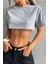 Kadın Gri Bisiklet Yaka Oversize Crop T-Shirt 1