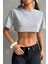Kadın Gri Bisiklet Yaka Oversize Crop T-Shirt 2