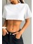 Kadın Beyaz Bisiklet Yaka Oversize Crop T-Shirt 1