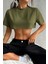 Kadın Haki Bisiklet Yaka Oversize Crop T-Shirt 2