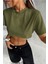 Kadın Haki Bisiklet Yaka Oversize Crop T-Shirt 3