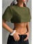 Kadın Haki Bisiklet Yaka Oversize Crop T-Shirt 4
