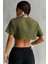 Kadın Haki Bisiklet Yaka Oversize Crop T-Shirt 6