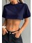 Kadın Lacivert Bisiklet Yaka Oversize Crop T-Shirt 1