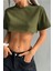Kadın Haki Bisiklet Yaka Oversize Crop T-Shirt 1