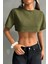 Kadın Haki Bisiklet Yaka Oversize Crop T-Shirt 5