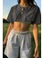 Kadın Antrasit Bisiklet Yaka Oversize Crop T-Shirt 1