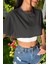 Kadın Antrasit Bisiklet Yaka Oversize Crop T-Shirt 2