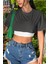 Kadın Antrasit Bisiklet Yaka Oversize Crop T-Shirt 3