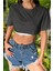 Kadın Antrasit Bisiklet Yaka Oversize Crop T-Shirt 4