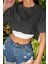 Kadın Antrasit Bisiklet Yaka Oversize Crop T-Shirt 5
