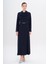 Mendil Yaka Taş ve Boncuk Detaylı Astarlı Pardesü Lacivert 6753 1