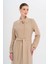 Gömlek Yaka Aksesuar Detaylı Astarsız Modal Büyük Beden Pardesü Bej 6745 3
