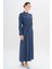 Hakim Yaka Boncuk ve Işleme Detaylı Astarsız Modal Pardesü Indigo 6728 4