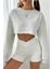 Kadın Gri Oversize Crop Bisiklet Yaka Şardonlu Sweatshirt 4