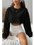Kadın Siyah Oversize Crop Bisiklet Yaka Şardonlu Sweatshirt 2