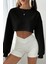 Kadın Siyah Oversize Crop Bisiklet Yaka Şardonlu Sweatshirt 3