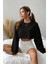 Kadın Siyah Oversize Crop Bisiklet Yaka Şardonlu Sweatshirt 5