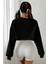 Kadın Siyah Oversize Crop Bisiklet Yaka Şardonlu Sweatshirt 6