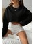 Kadın Siyah Oversize Crop Bisiklet Yaka Şardonlu Sweatshirt 1