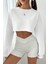 Kadın Beyaz Oversize Crop Bisiklet Yaka Şardonlu Sweatshirt 3