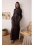 Keten Uzun Pileli Elbise Acı Kahve 2