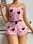 Pamuklu Pembe Üstüne Siyah Kalp Desenli Askılı Fitilli Şortlu Pijama Takımı 1