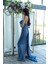 Indigo Drape Yaka Detaylı Payet Işlemeli Uzun Kuşaklı Abiye 9705470.98 3