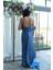 Indigo Drape Yaka Detaylı Payet Işlemeli Uzun Kuşaklı Abiye 9705470.98 4