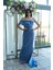 Indigo Drape Yaka Detaylı Payet Işlemeli Uzun Kuşaklı Abiye 9705470.98 5