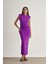 Yan Büzgü Detaylı Vatkalı Uzun Kolsuz Mor Bodycon Elbise 1