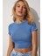 Bisiklet Yaka Crop Örme T-Shirt LCE0003 Indigo Mavi 2