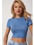 Bisiklet Yaka Crop Örme T-Shirt LCE0003 Indigo Mavi 3